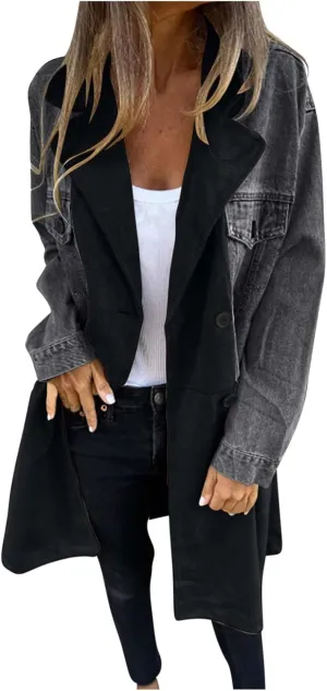 Fall Coats for Women 2024 Oversized Color Block Long Jean Jacket Button Down Long Sleeve Coat Cardigan Outerwear