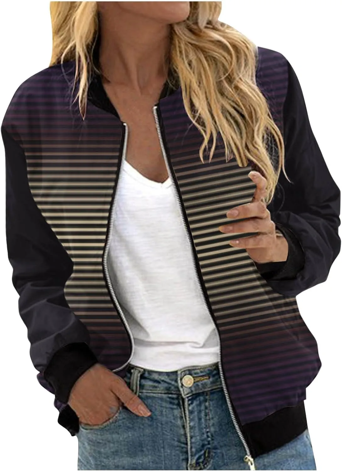 Fall Coats for Women 2024 Trendy Striped Print Cardigan Jackets Long Sleeve Full Zip Winter Coat Pockets Outerwear