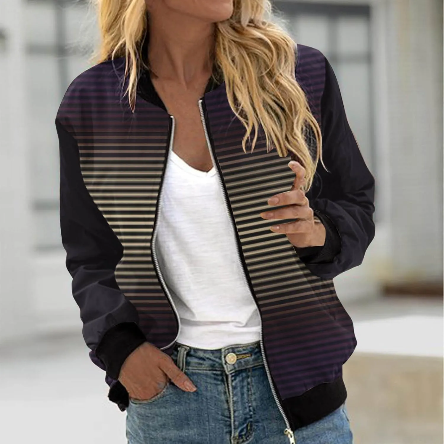 Fall Coats for Women 2024 Trendy Striped Print Cardigan Jackets Long Sleeve Full Zip Winter Coat Pockets Outerwear