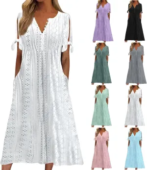 fanmpghleoo Eyelet Dress for Women Cold Shoulder Plus Size Dress Beach Vacation Maxi Dresses Wedding Guest Tea Party Dresses