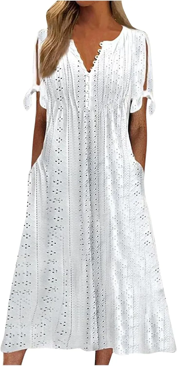 fanmpghleoo Eyelet Dress for Women Cold Shoulder Plus Size Dress Beach Vacation Maxi Dresses Wedding Guest Tea Party Dresses