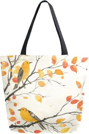 Fashion Extra Large Shoulder Grocery Tote Bag, Autumn Tree Branch Birds Canvas Daily Handle Bag for Gym Yoga Weekender Beach Travel Picnic Kitchen Reusable Market Shopping