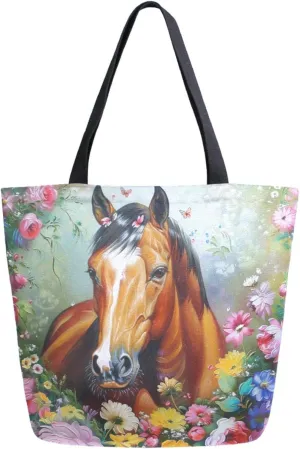 Fashion Extra Large Shoulder Grocery Tote Bag, Beautiful Flowers Horse Butterfly Canvas Daily Handle Bag for Gym Yoga Weekender Beach Travel Picnic Kitchen Reusable Market Shopping