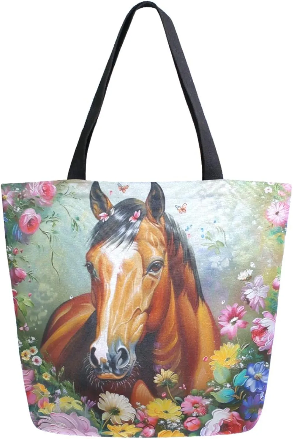 Fashion Extra Large Shoulder Grocery Tote Bag, Beautiful Flowers Horse Butterfly Canvas Daily Handle Bag for Gym Yoga Weekender Beach Travel Picnic Kitchen Reusable Market Shopping