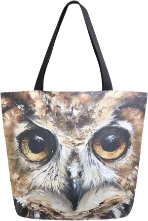 Fashion Extra Large Shoulder Grocery Tote Bag, Lifelike Owl Face Oil Painting Canvas Daily Handle Bag for Gym Yoga Weekender Beach Travel Picnic Kitchen Reusable Market Shopping