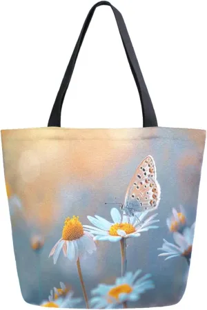 Fashion Extra Large Shoulder Grocery Tote Bag, Morning Natural Daisy Butterfly Canvas Daily Handle Bag for Gym Yoga Weekender Beach Travel Picnic Kitchen Reusable Market Shopping