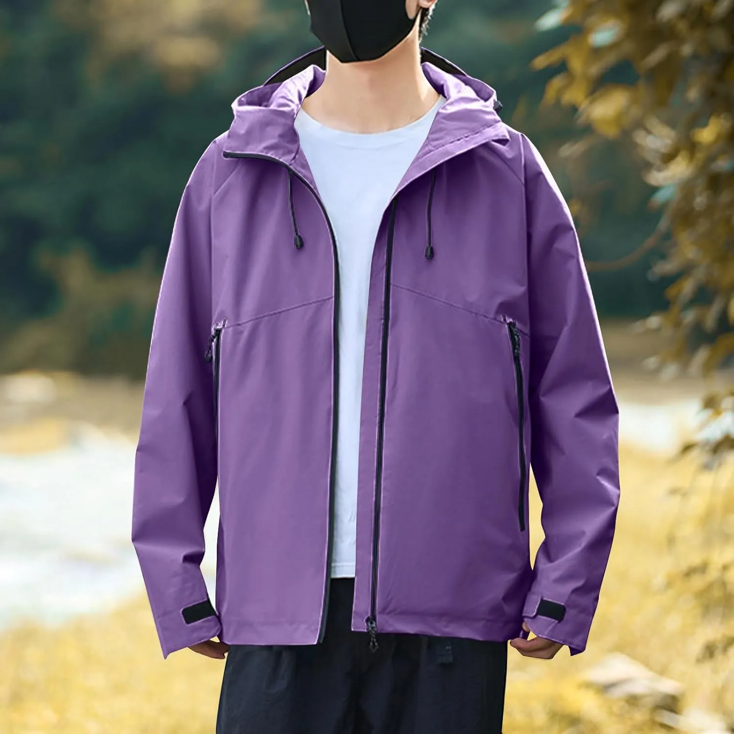 Fashion Mens Solid Color Outdoor Hiking Long Sleeve Hooded Casual Outwear Jackets Softshell Hiking Windbreaker Jacket