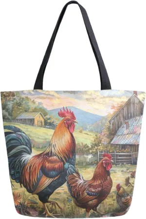 Fashion Pattern Extra Large Shoulder Grocery Tote Bag, Beautiful Farm Rooster Family Flowers Canvas Daily Handle Bag for Gym Weekender Beach Travel Kitchen Reusable Market Shopping