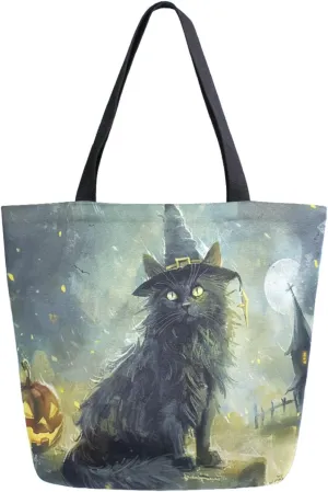 Fashion Pattern Extra Large Shoulder Grocery Tote Bag, Graveyard Cat in Witch's Hat Halloween Canvas Daily Handle Bag for Gym Weekender Beach Travel Kitchen Reusable Market Shopping