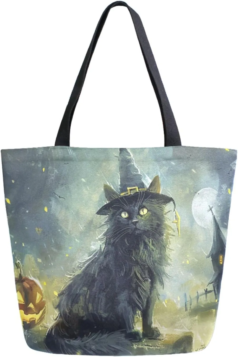 Fashion Pattern Extra Large Shoulder Grocery Tote Bag, Graveyard Cat in Witch's Hat Halloween Canvas Daily Handle Bag for Gym Weekender Beach Travel Kitchen Reusable Market Shopping