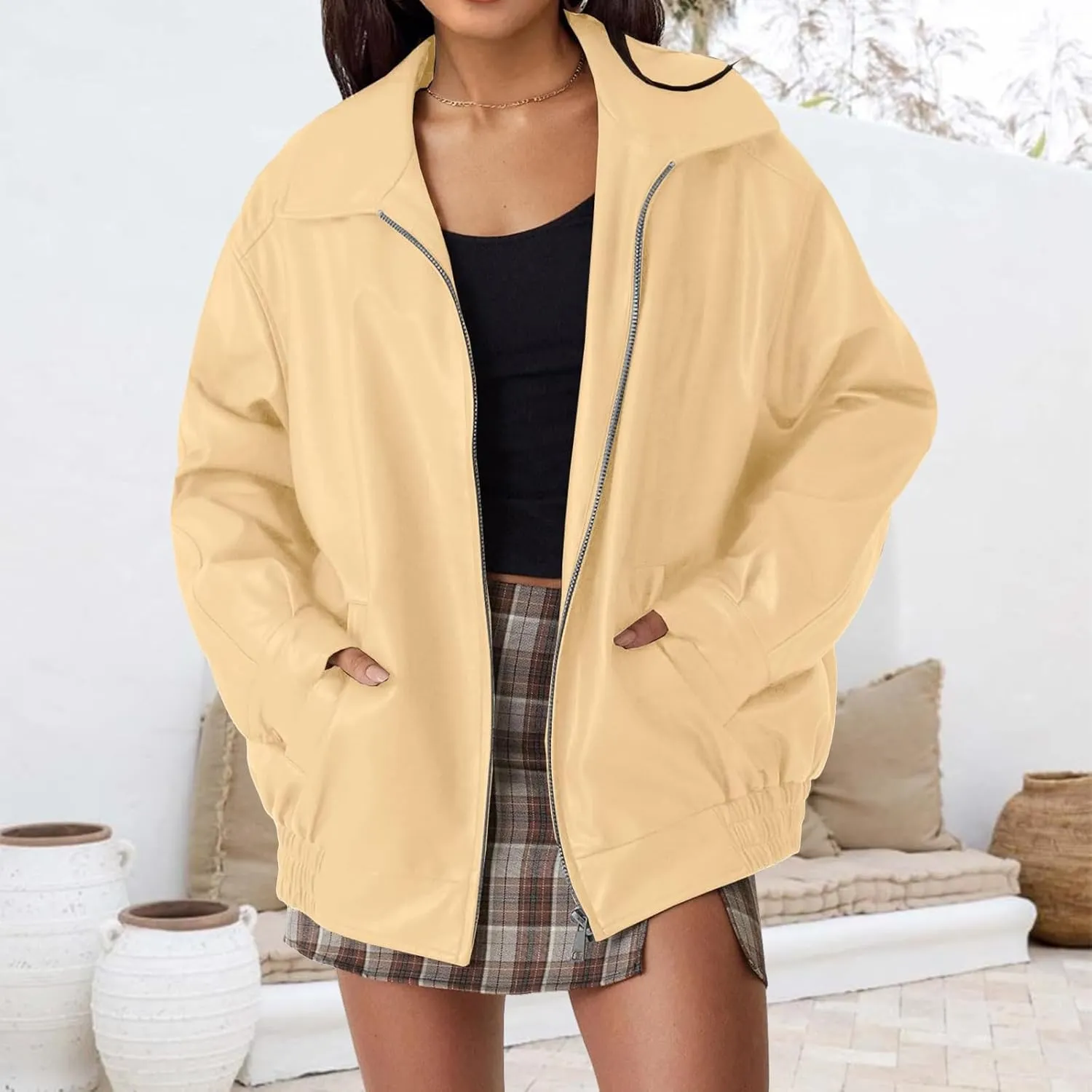 Faux Leather Jacket for Women Oversized Zipper Long Sleeve Motorcycle Bomber Jackets Moto Biker Coat Winter Outfits