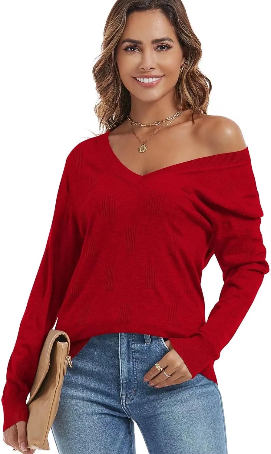 FEKOAFE Womens V Neck Sweaters Casual Pullover Sweaters for Women 2025 Trendy