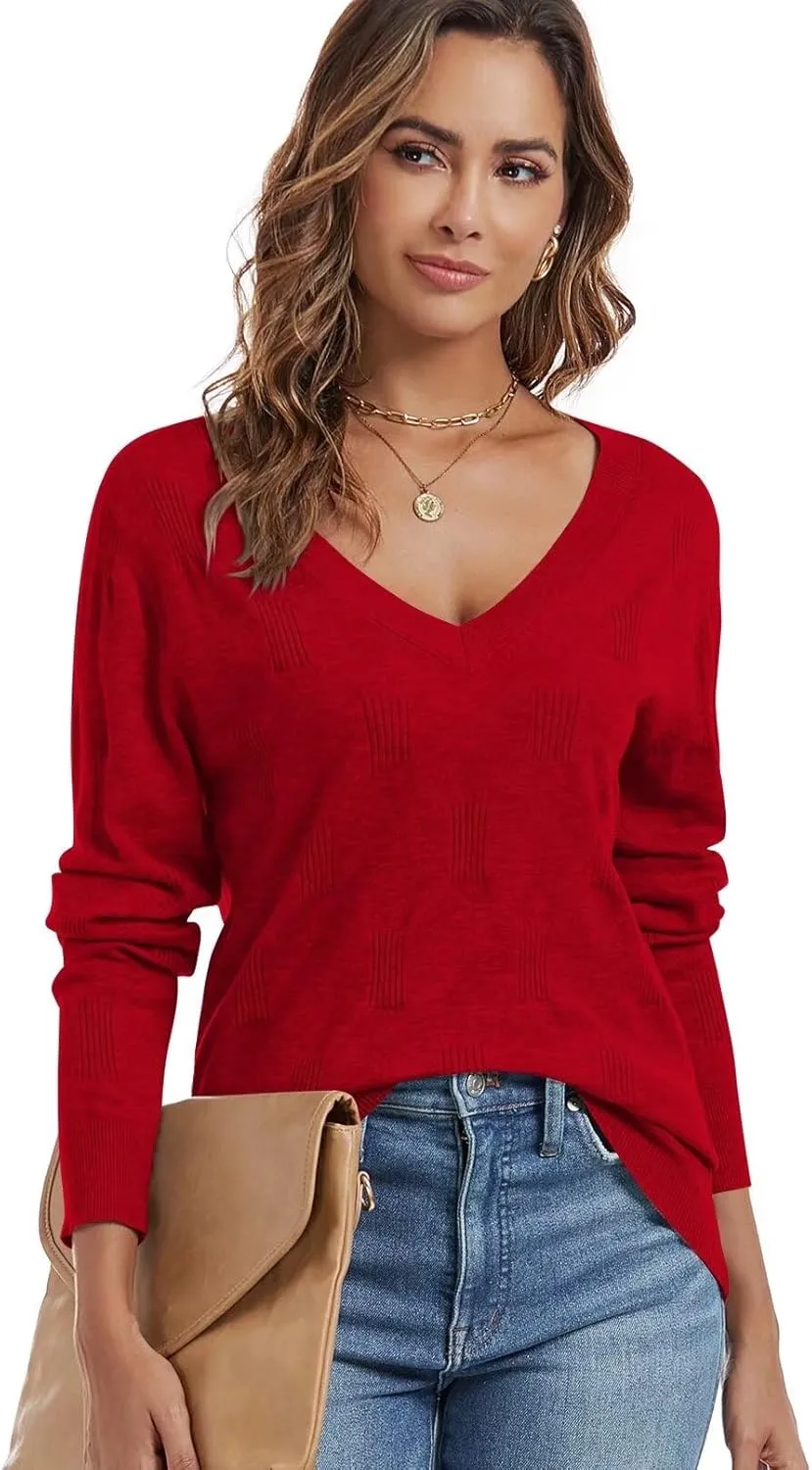 FEKOAFE Womens V Neck Sweaters Casual Pullover Sweaters for Women 2025 Trendy