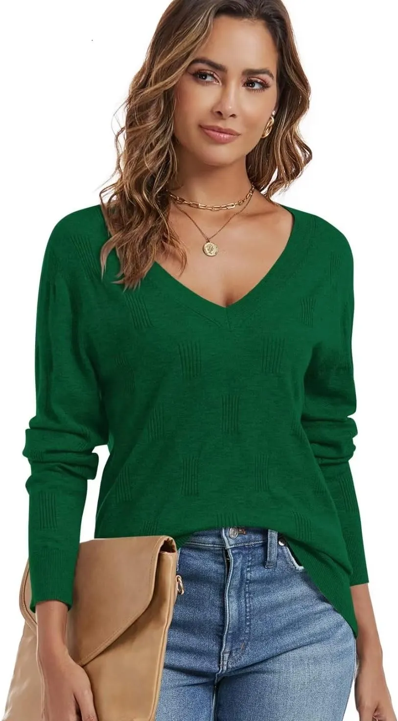 FEKOAFE Womens V Neck Sweaters Casual Pullover Sweaters for Women 2025 Trendy