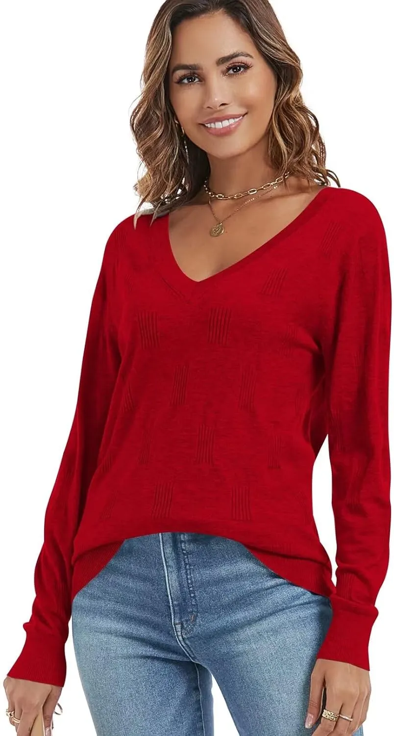 FEKOAFE Womens V Neck Sweaters Casual Pullover Sweaters for Women 2025 Trendy