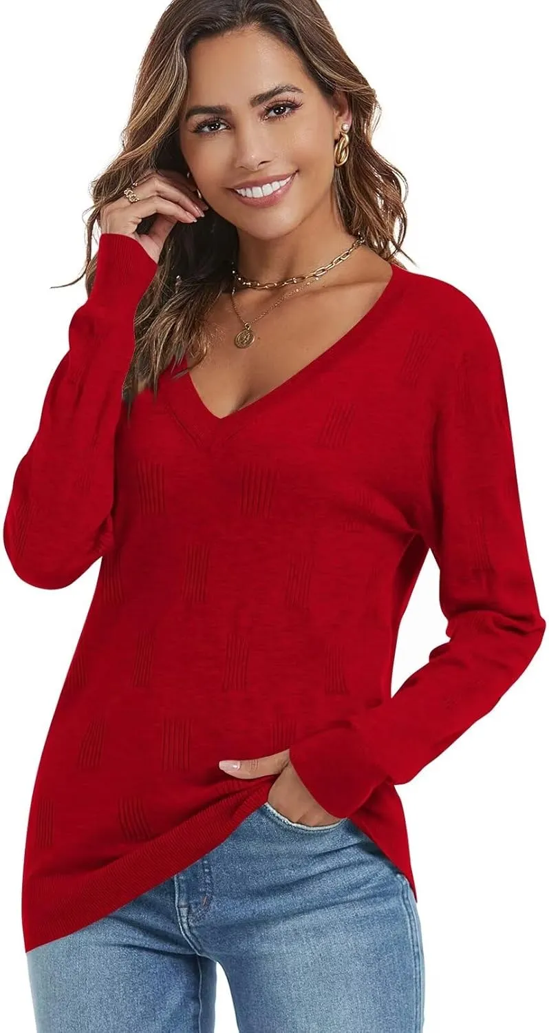 FEKOAFE Womens V Neck Sweaters Casual Pullover Sweaters for Women 2025 Trendy