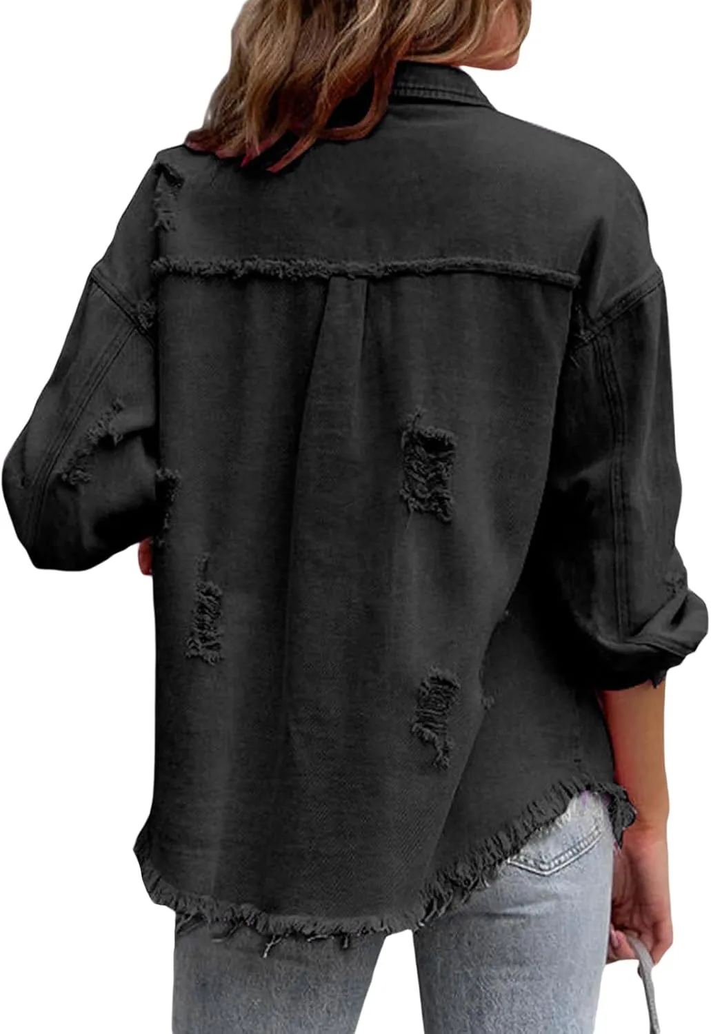 FEORJGP Women Crop Denim Jacket Button Down Distressed Ripped Hem Jacket Long Sleeve Lapel Cropped Jean Jacket 90s Streetwear