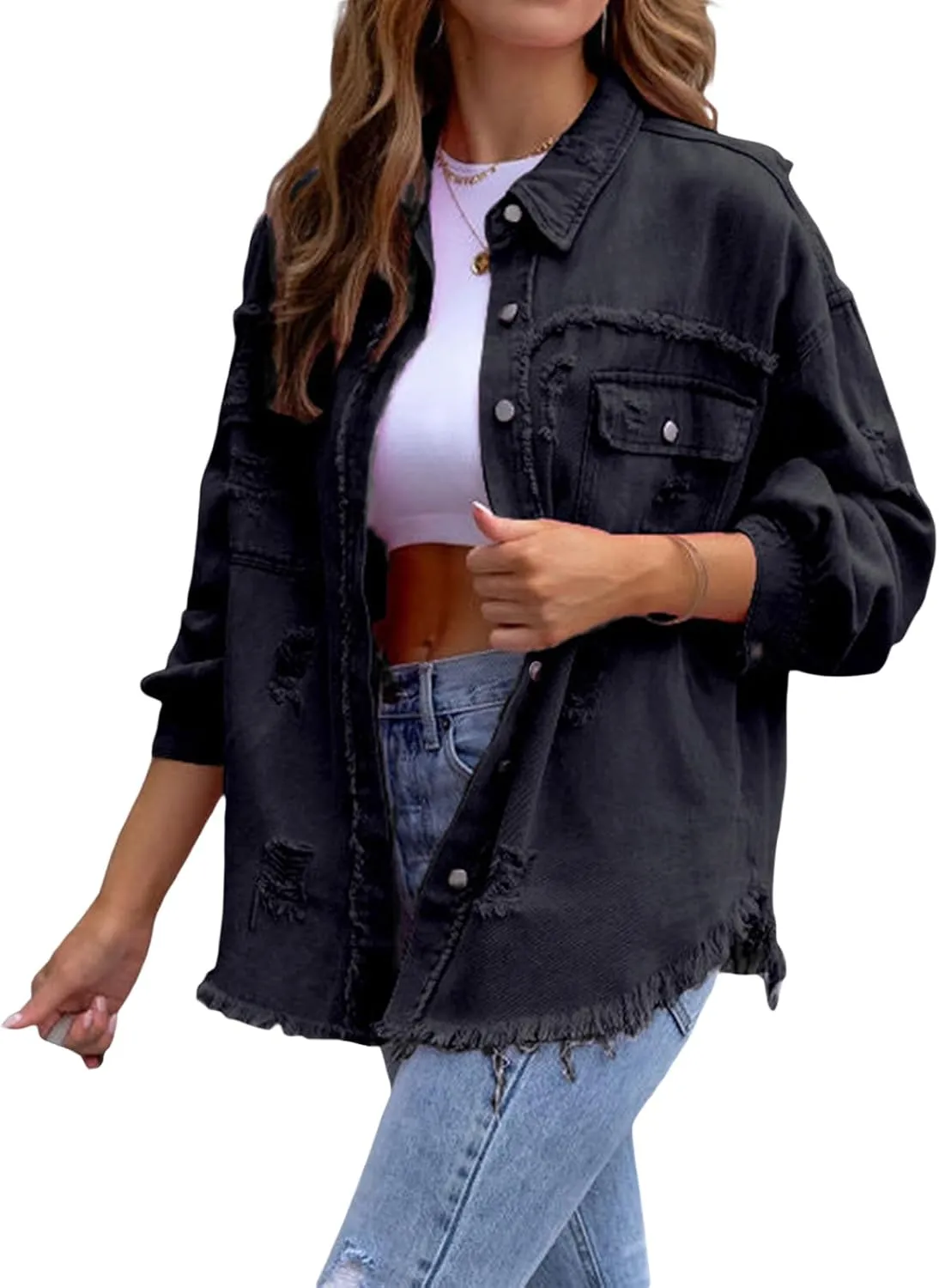 FEORJGP Women Crop Denim Jacket Button Down Distressed Ripped Hem Jacket Long Sleeve Lapel Cropped Jean Jacket 90s Streetwear