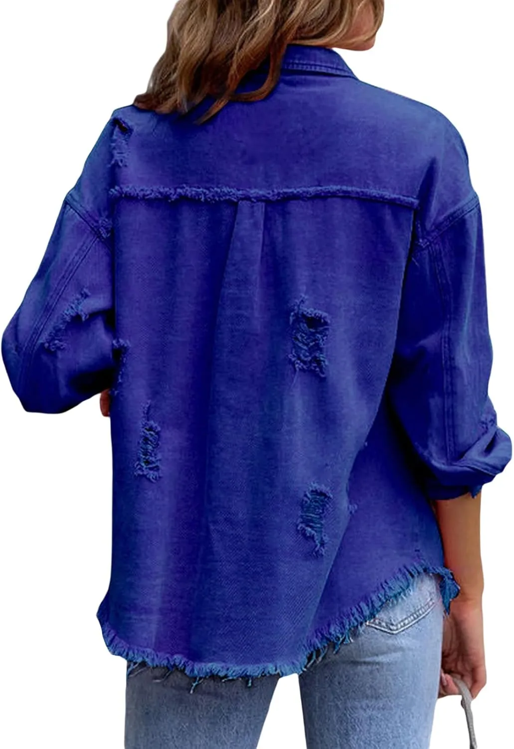 FEORJGP Women Crop Denim Jacket Button Down Distressed Ripped Hem Jacket Long Sleeve Lapel Cropped Jean Jacket 90s Streetwear