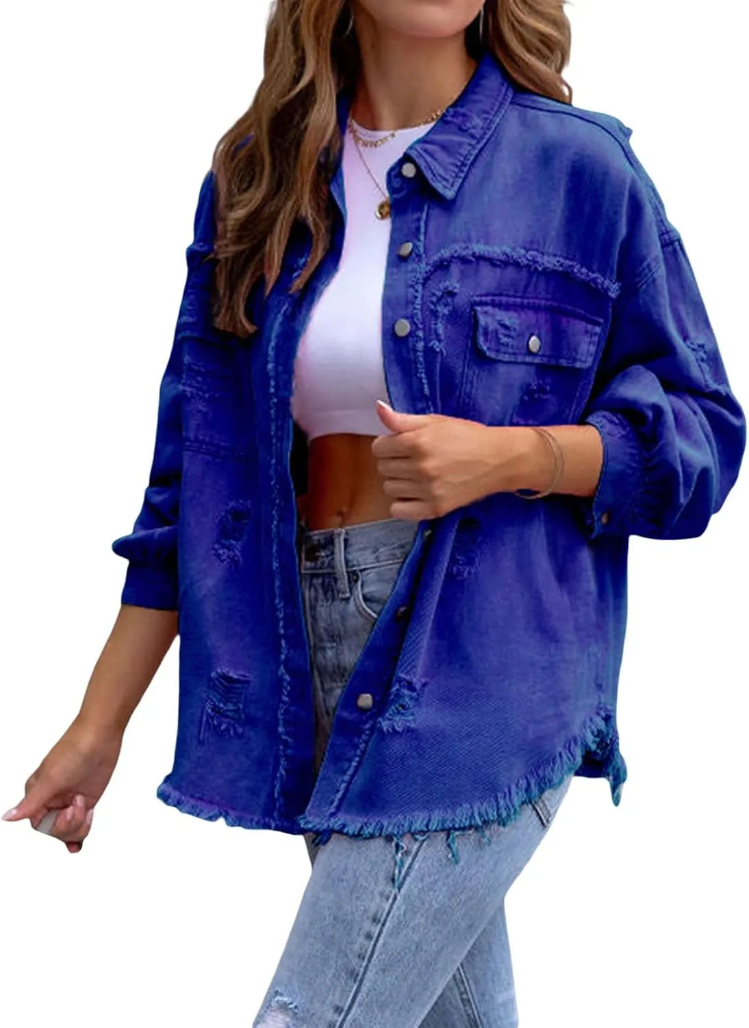 FEORJGP Women Crop Denim Jacket Button Down Distressed Ripped Hem Jacket Long Sleeve Lapel Cropped Jean Jacket 90s Streetwear