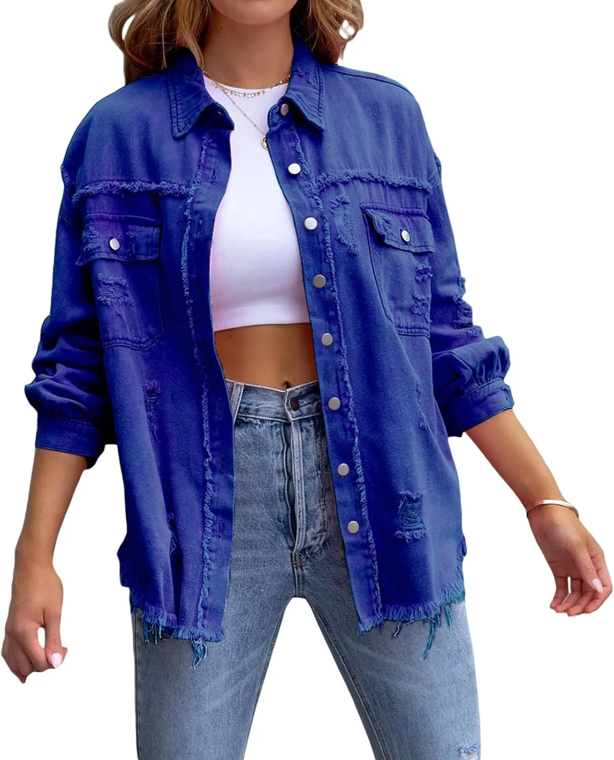 FEORJGP Women Crop Denim Jacket Button Down Distressed Ripped Hem Jacket Long Sleeve Lapel Cropped Jean Jacket 90s Streetwear