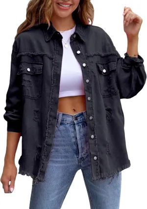 FEORJGP Women Crop Denim Jacket Button Down Distressed Ripped Hem Jacket Long Sleeve Lapel Cropped Jean Jacket 90s Streetwear