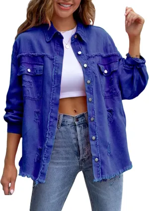 FEORJGP Women Crop Denim Jacket Button Down Distressed Ripped Hem Jacket Long Sleeve Lapel Cropped Jean Jacket 90s Streetwear