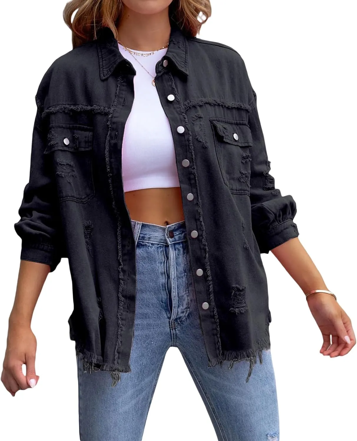 FEORJGP Women Crop Denim Jacket Button Down Distressed Ripped Hem Jacket Long Sleeve Lapel Cropped Jean Jacket 90s Streetwear