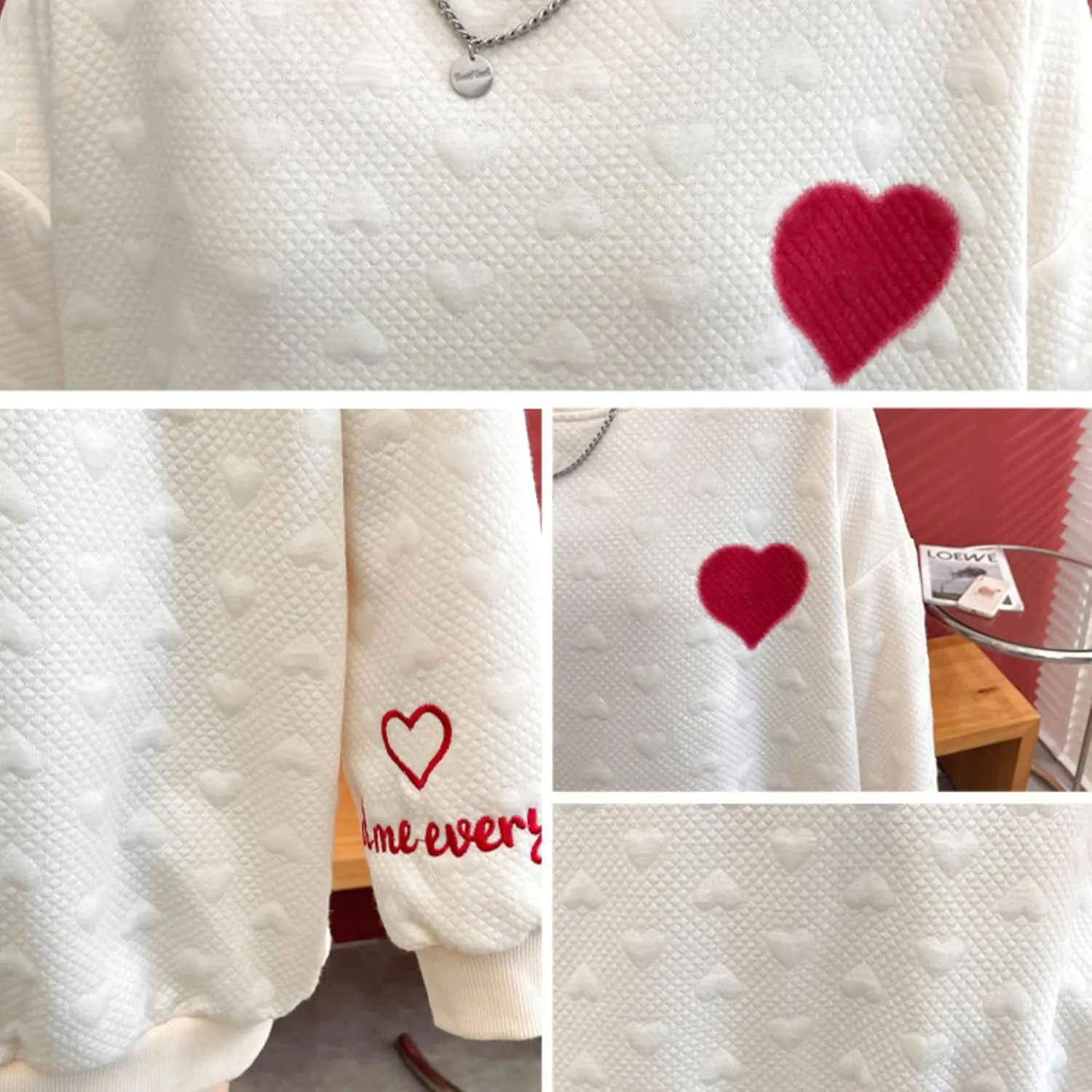 FindThy Womens Oversized Heart Print Pullover Long Sleeve Crew Neck Waffle Knitted Sweatshirt Pullovers