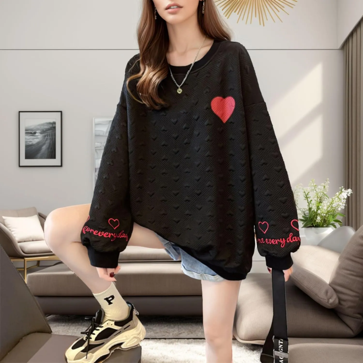 FindThy Womens Oversized Heart Print Pullover Long Sleeve Crew Neck Waffle Knitted Sweatshirt Pullovers