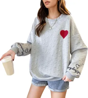 FindThy Womens Oversized Heart Print Pullover Long Sleeve Crew Neck Waffle Knitted Sweatshirt Pullovers