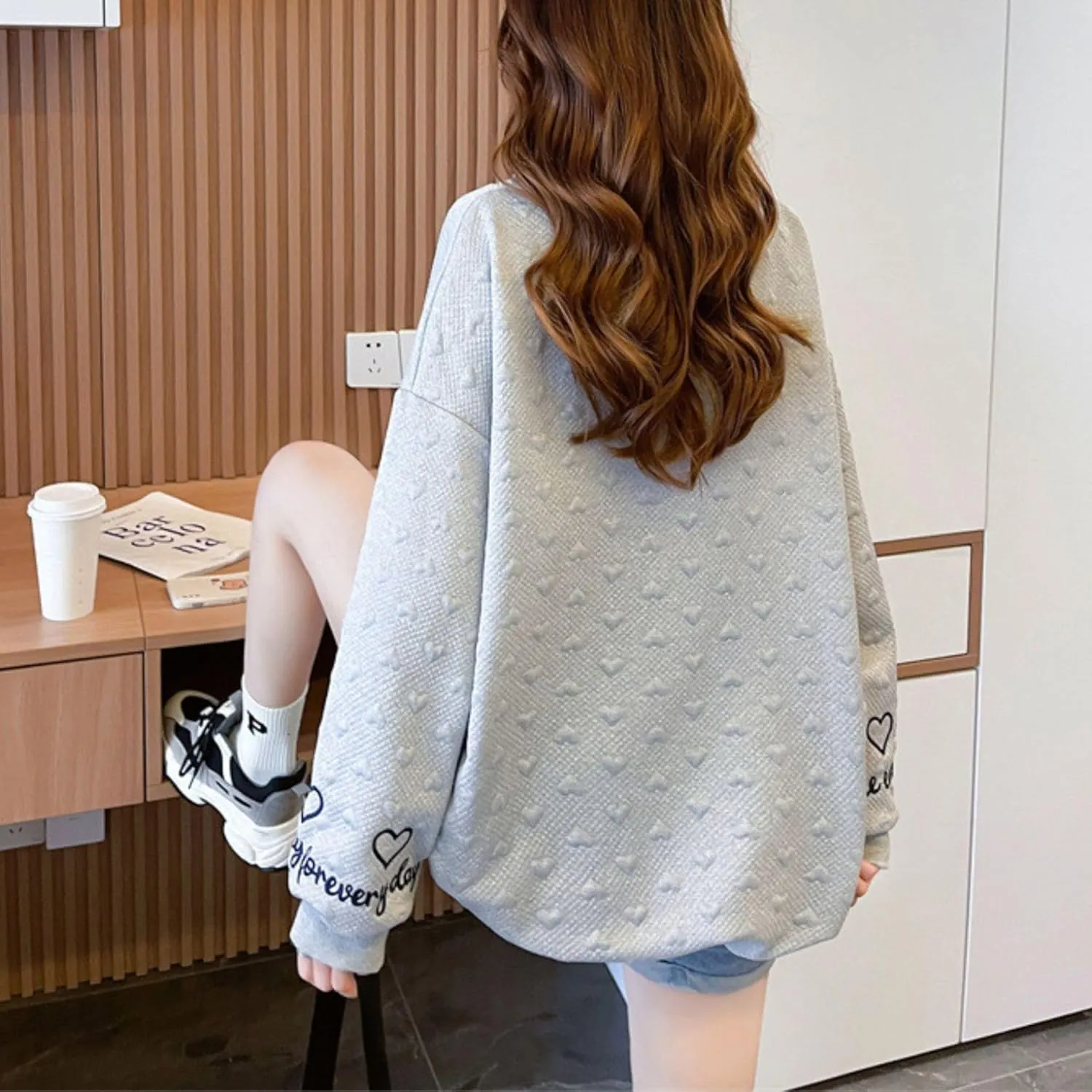 FindThy Womens Oversized Heart Print Pullover Long Sleeve Crew Neck Waffle Knitted Sweatshirt Pullovers
