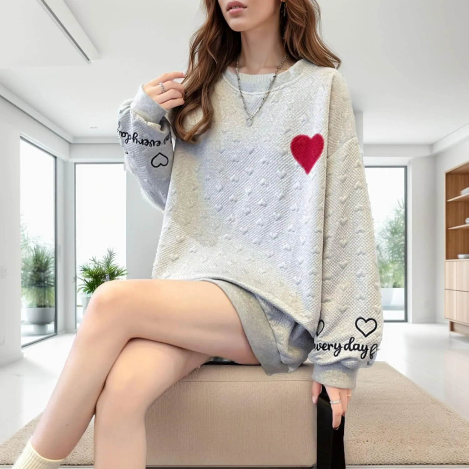 FindThy Womens Oversized Heart Print Pullover Long Sleeve Crew Neck Waffle Knitted Sweatshirt Pullovers