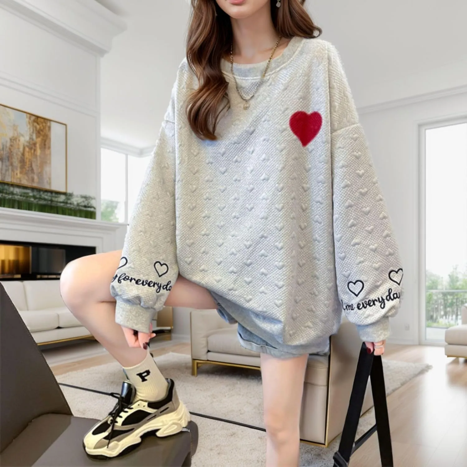 FindThy Womens Oversized Heart Print Pullover Long Sleeve Crew Neck Waffle Knitted Sweatshirt Pullovers