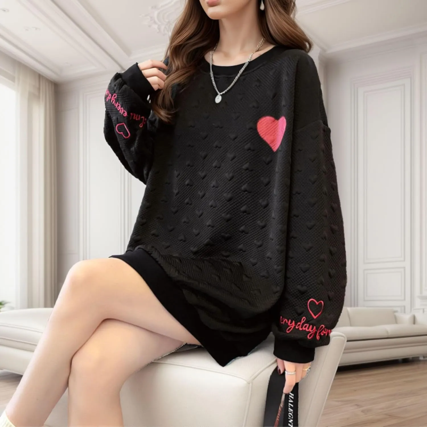 FindThy Womens Oversized Heart Print Pullover Long Sleeve Crew Neck Waffle Knitted Sweatshirt Pullovers