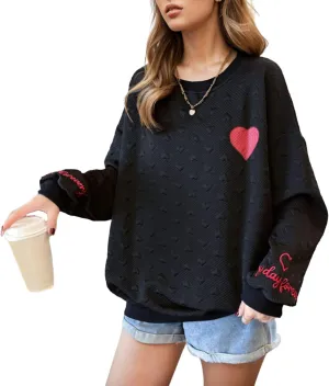 FindThy Womens Oversized Heart Print Pullover Long Sleeve Crew Neck Waffle Knitted Sweatshirt Pullovers