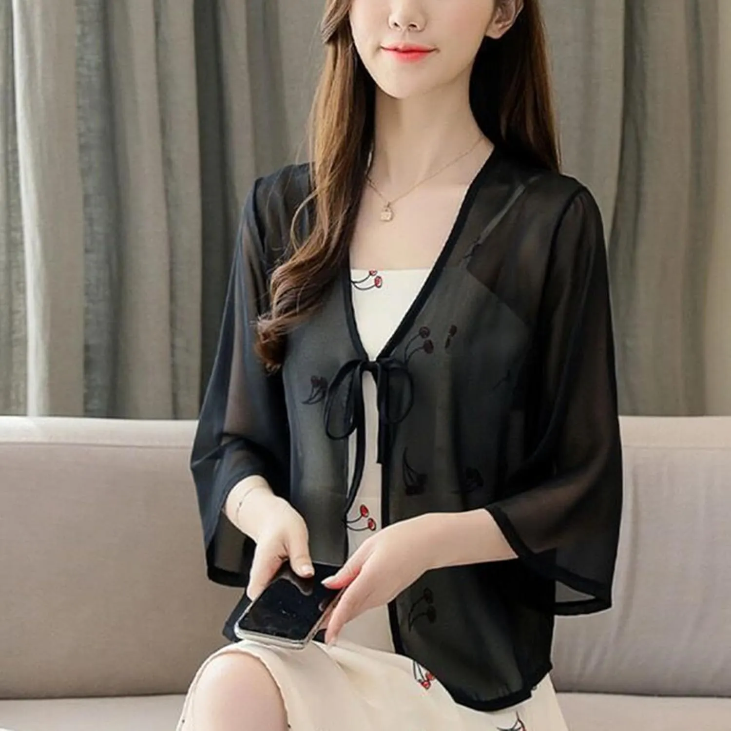 FindThy Womens Tie Front Chiffon Shrug Lightweight 3/4 Sleeve Cardigan Evening Dress Bolero Wraps