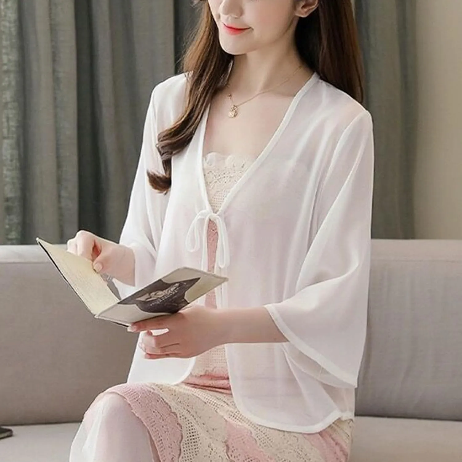 FindThy Womens Tie Front Chiffon Shrug Lightweight 3/4 Sleeve Cardigan Evening Dress Bolero Wraps