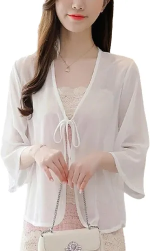 FindThy Womens Tie Front Chiffon Shrug Lightweight 3/4 Sleeve Cardigan Evening Dress Bolero Wraps