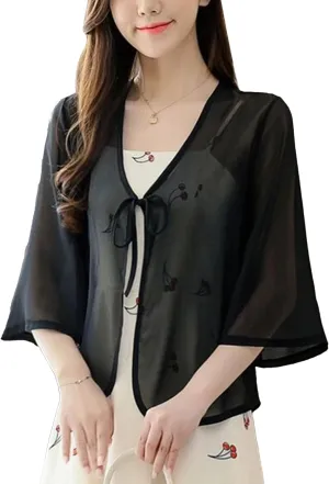 FindThy Womens Tie Front Chiffon Shrug Lightweight 3/4 Sleeve Cardigan Evening Dress Bolero Wraps