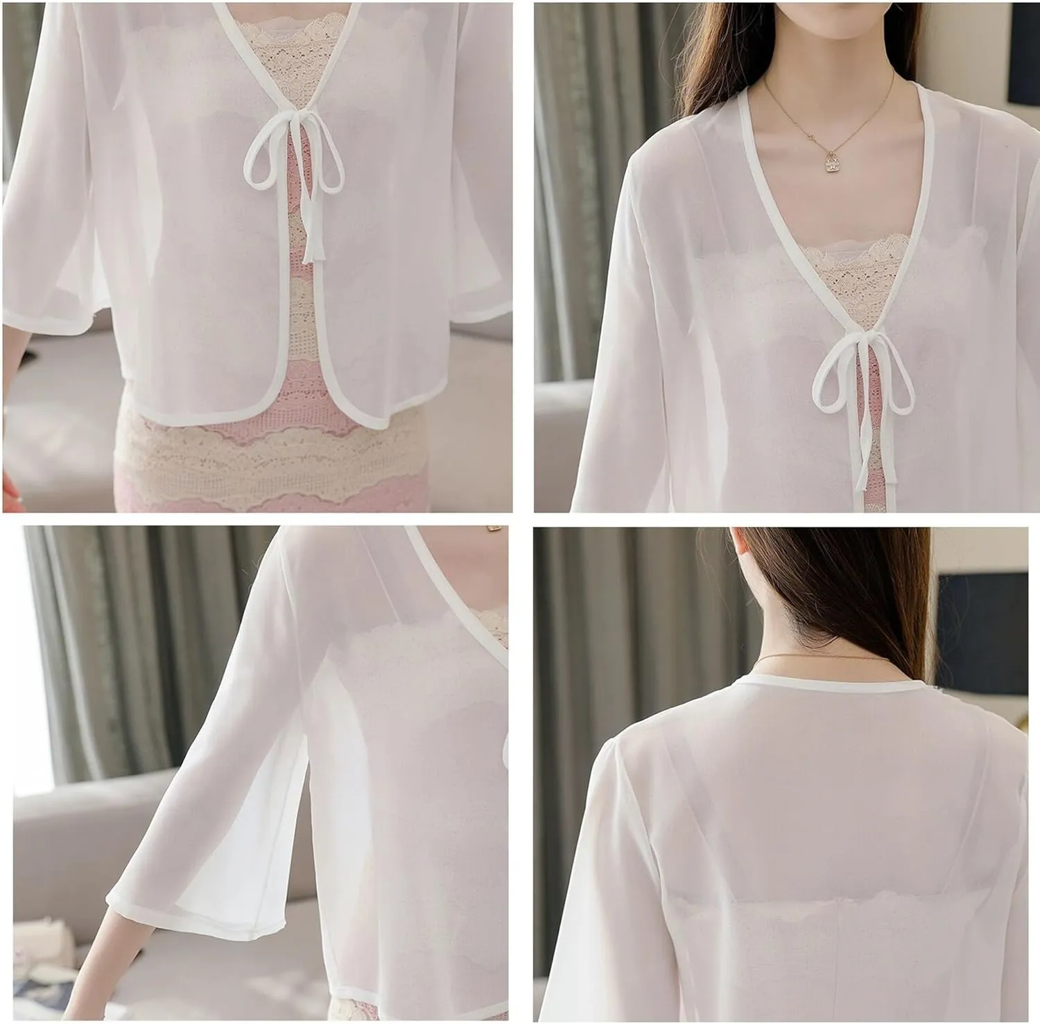 FindThy Womens Tie Front Chiffon Shrug Lightweight 3/4 Sleeve Cardigan Evening Dress Bolero Wraps