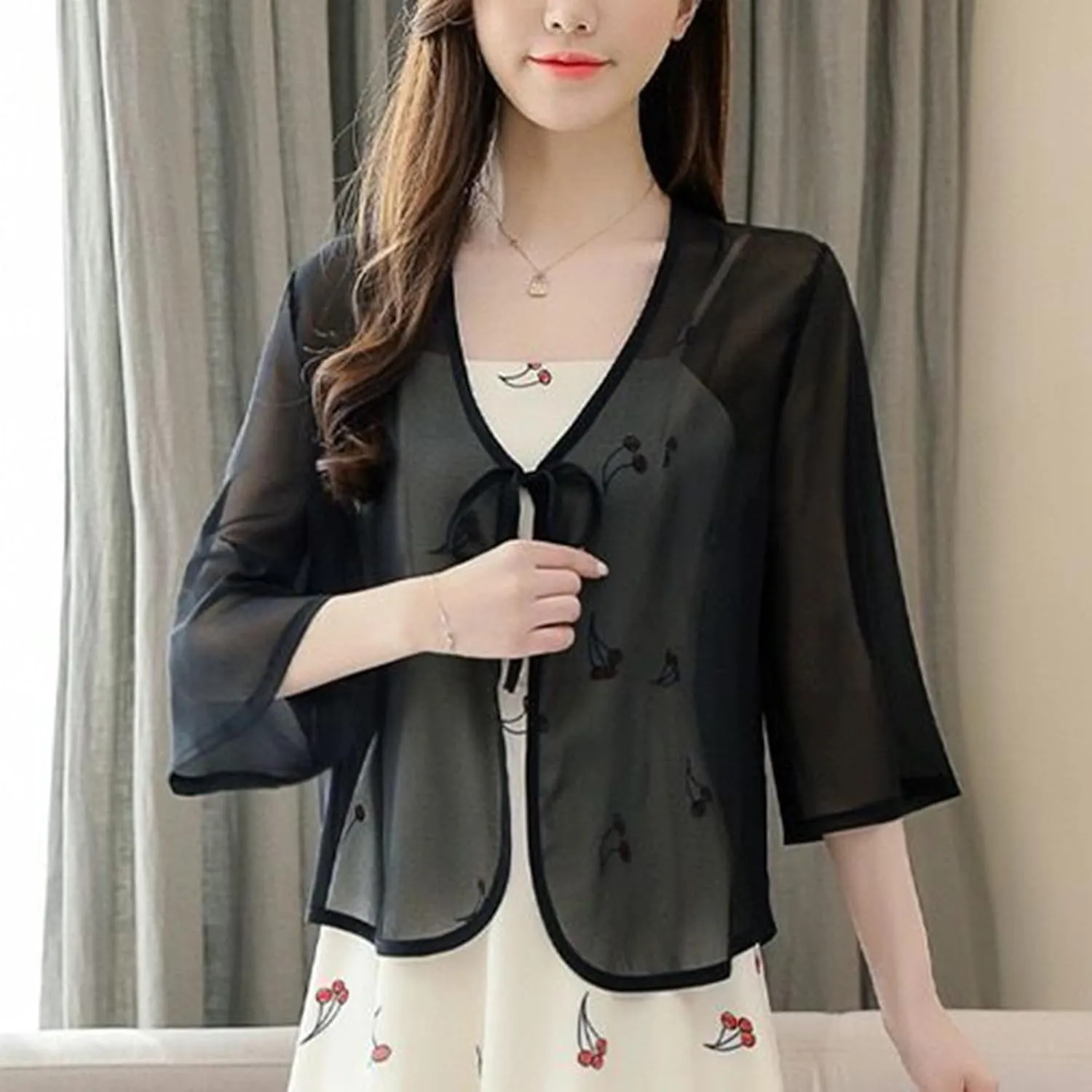 FindThy Womens Tie Front Chiffon Shrug Lightweight 3/4 Sleeve Cardigan Evening Dress Bolero Wraps
