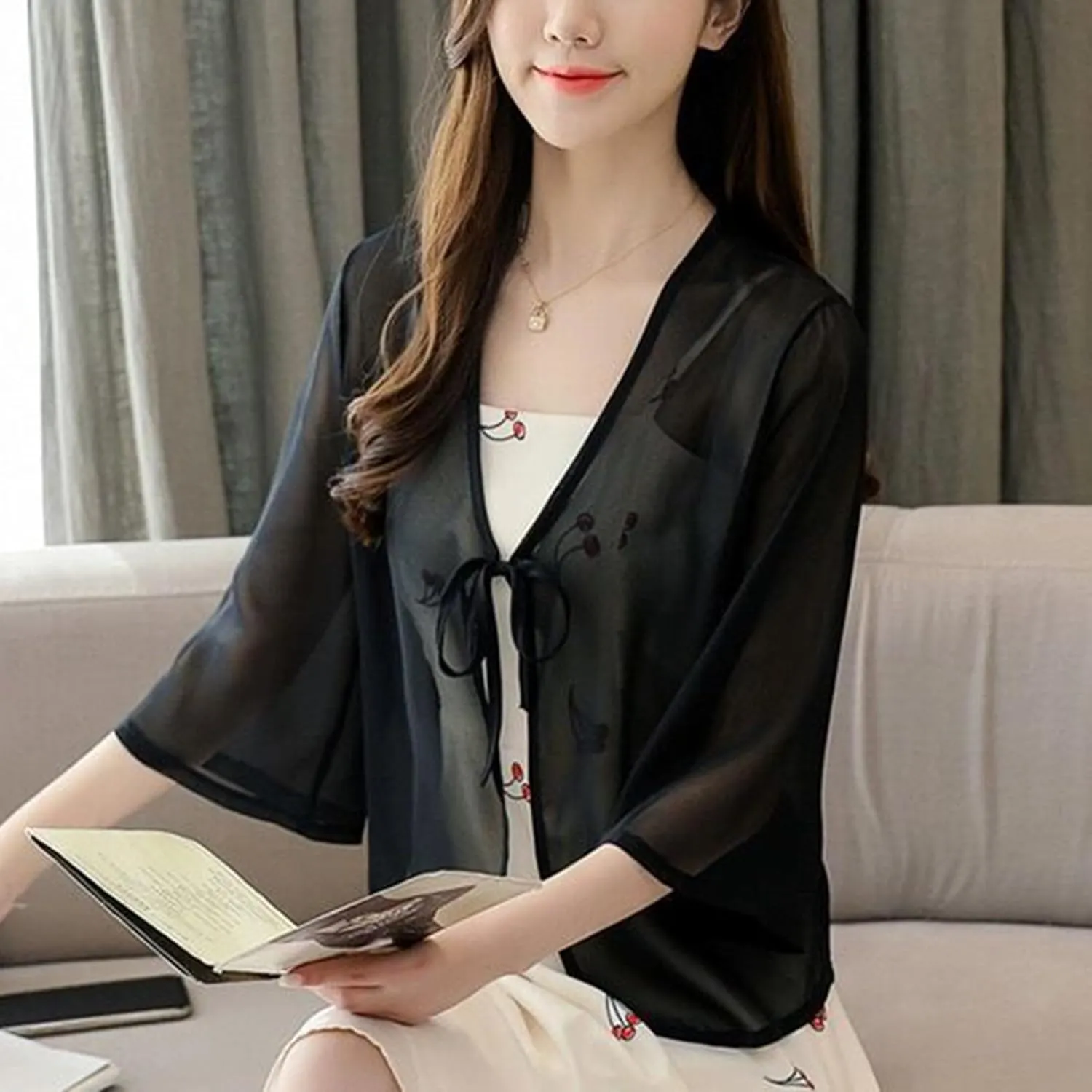FindThy Womens Tie Front Chiffon Shrug Lightweight 3/4 Sleeve Cardigan Evening Dress Bolero Wraps