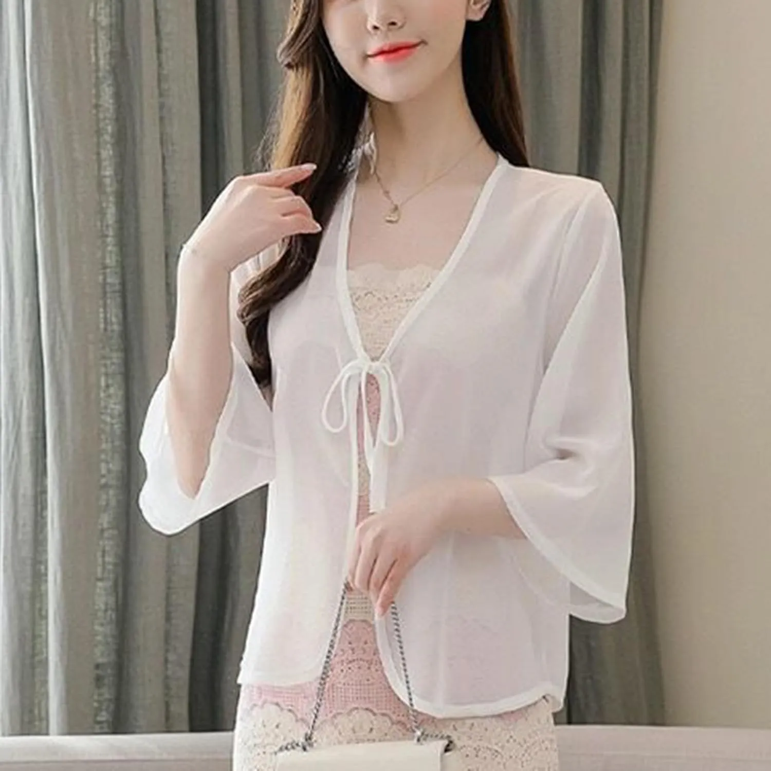 FindThy Womens Tie Front Chiffon Shrug Lightweight 3/4 Sleeve Cardigan Evening Dress Bolero Wraps
