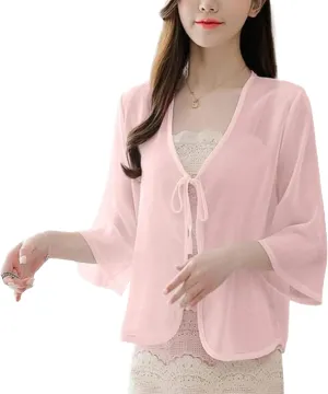 FindThy Womens Tie Front Chiffon Shrug Lightweight 3/4 Sleeve Cardigan Evening Dress Bolero Wraps
