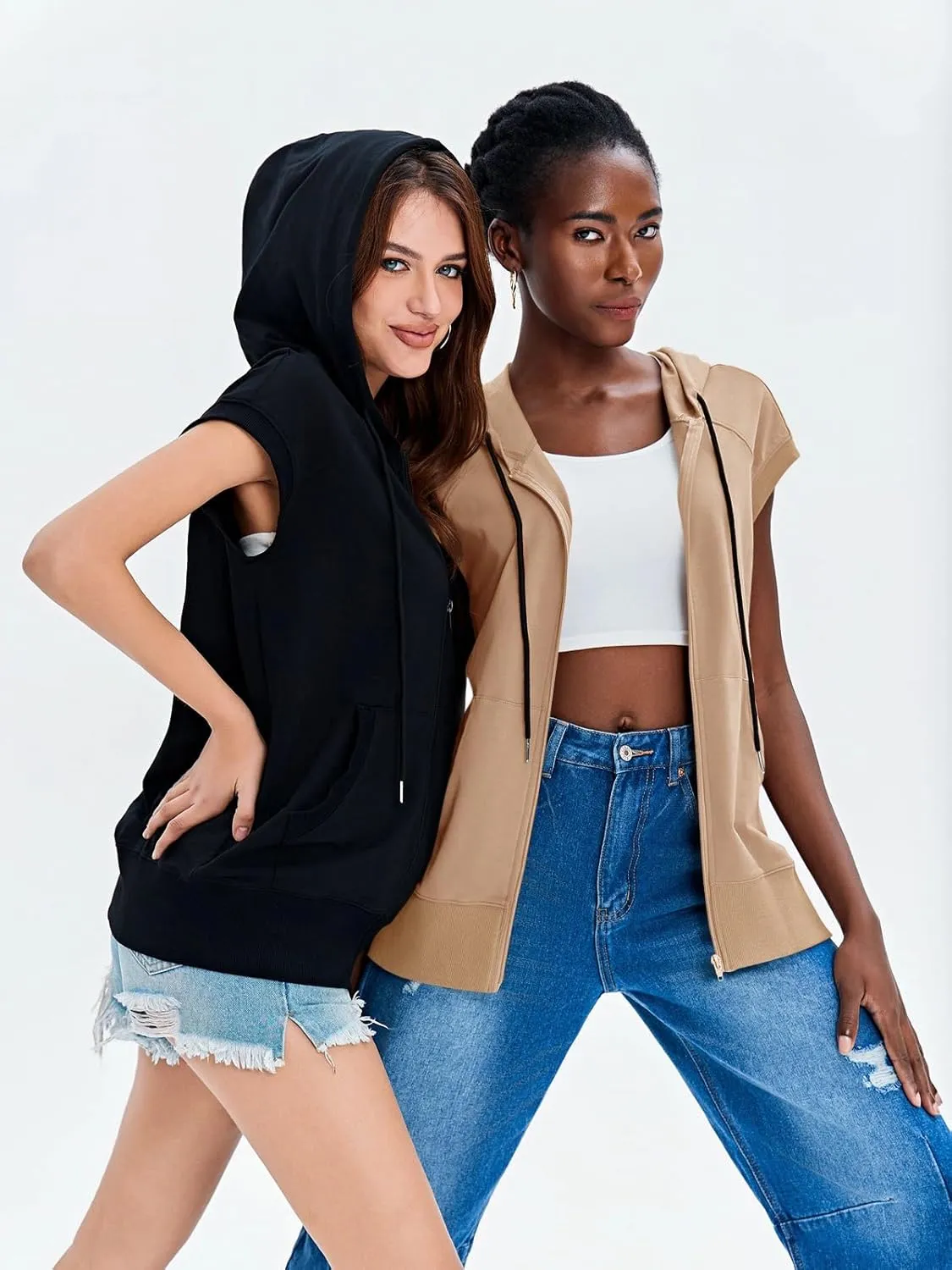 Fisoew Women's Sleeveless Zip Up Hoodies Casual Loose Fit Drawstring Sweatshirts Lightweight Jackets Vest with Pockets
