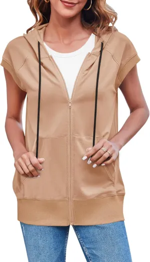 Fisoew Women's Sleeveless Zip Up Hoodies Casual Loose Fit Drawstring Sweatshirts Lightweight Jackets Vest with Pockets