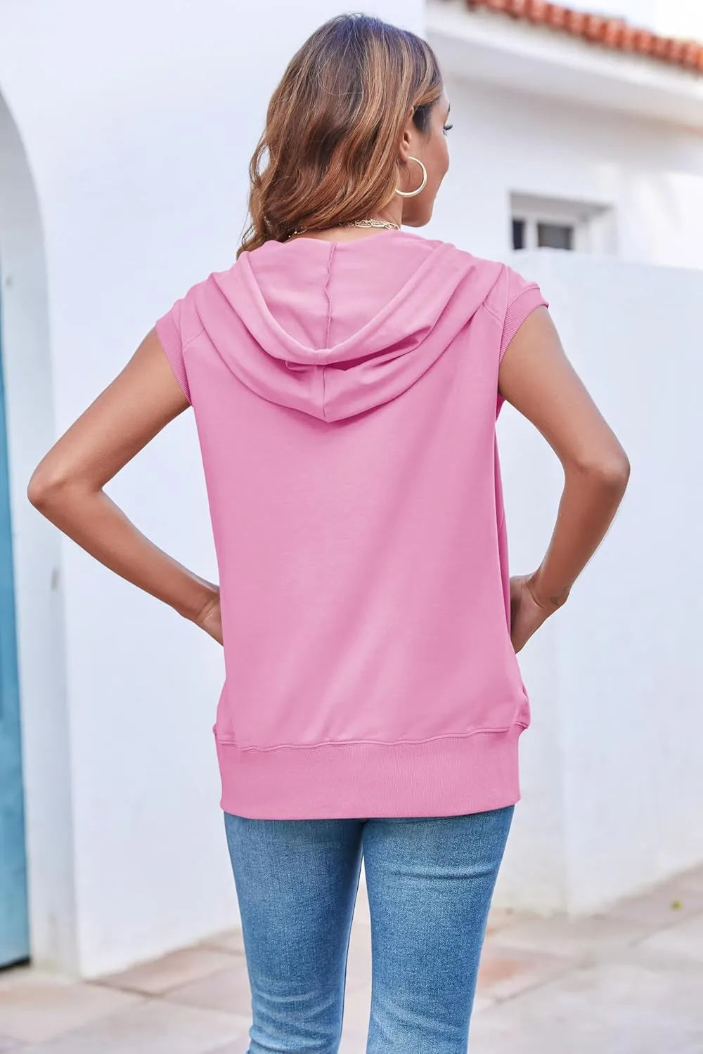 Fisoew Women's Sleeveless Zip Up Hoodies Casual Loose Fit Drawstring Sweatshirts Lightweight Jackets Vest with Pockets