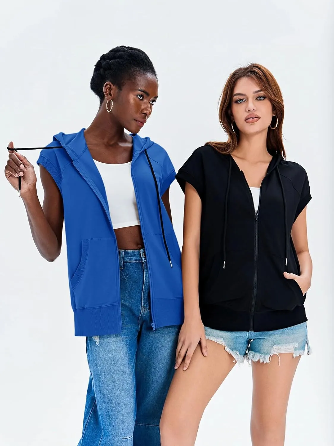 Fisoew Women's Sleeveless Zip Up Hoodies Casual Loose Fit Drawstring Sweatshirts Lightweight Jackets Vest with Pockets