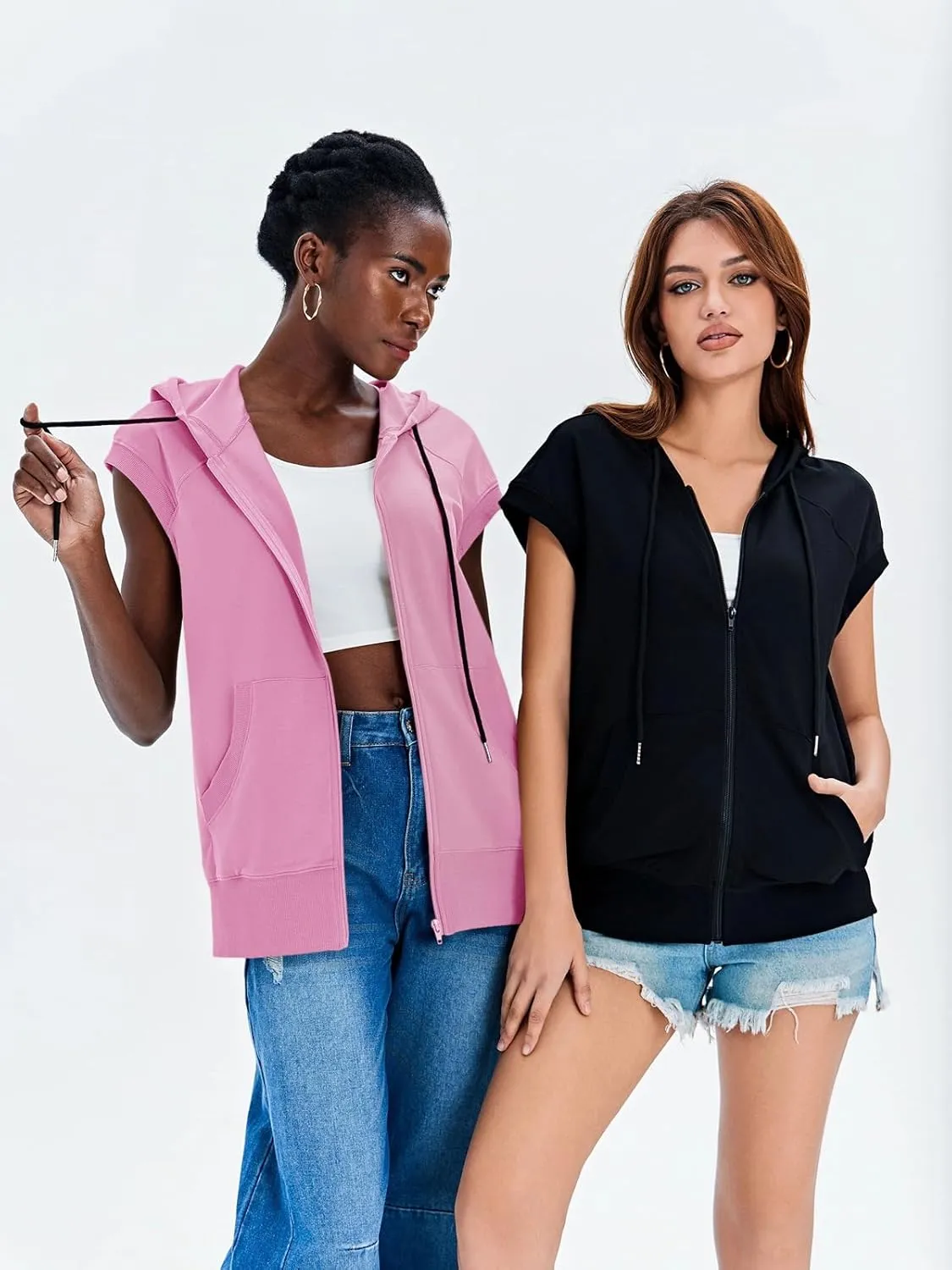 Fisoew Women's Sleeveless Zip Up Hoodies Casual Loose Fit Drawstring Sweatshirts Lightweight Jackets Vest with Pockets